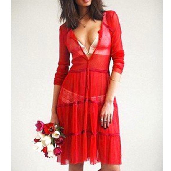 Free People Intimately Red Mesh Midi Dress Size: Small - Picture 1 of 4